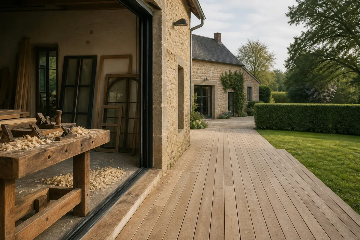 Terrasse en lames de bois prolongeant une maison, bordée d&rsquo;une pelouse et d&rsquo;une haie taillée