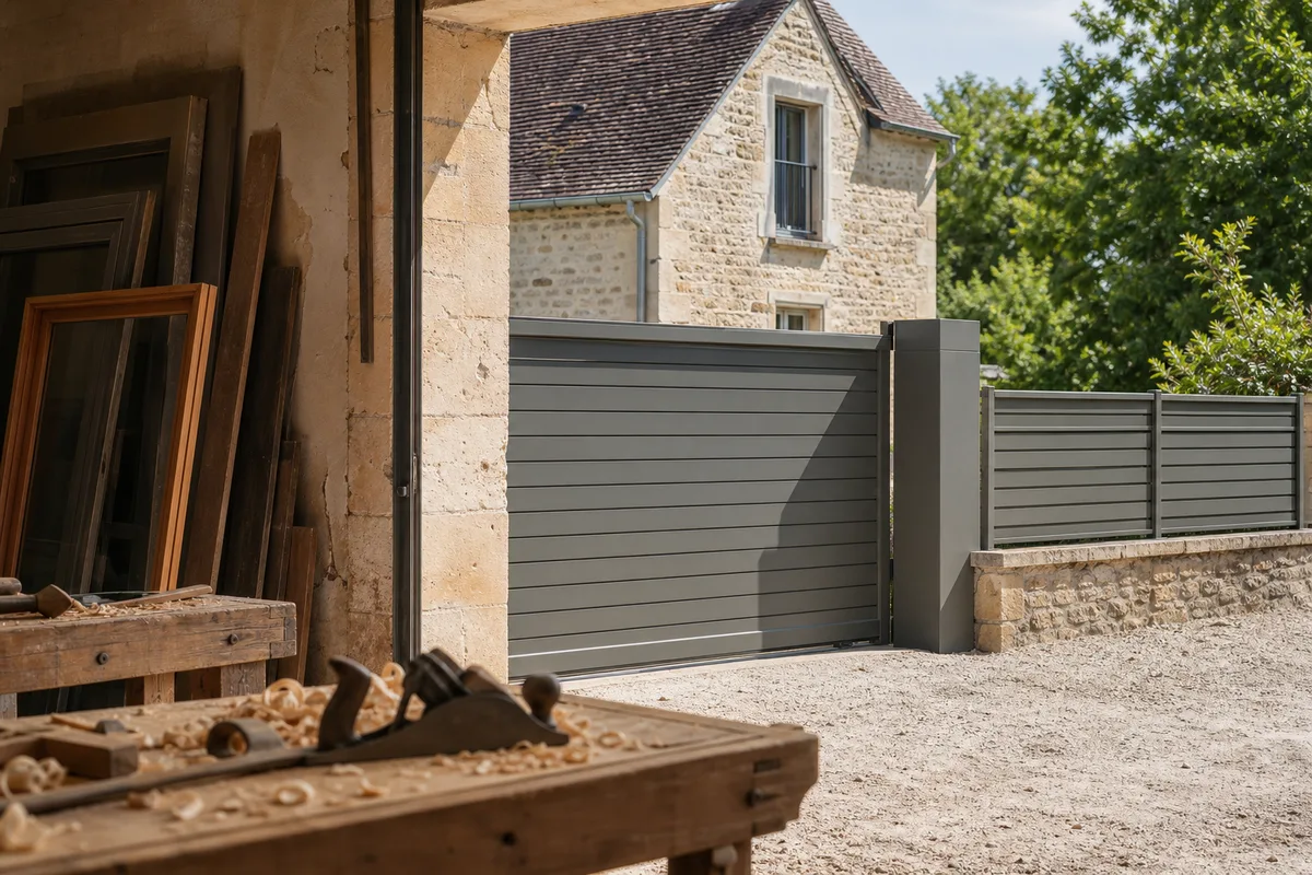Portail coulissant en aluminium à lames horizontales, aligné sur une clôture de même teinte