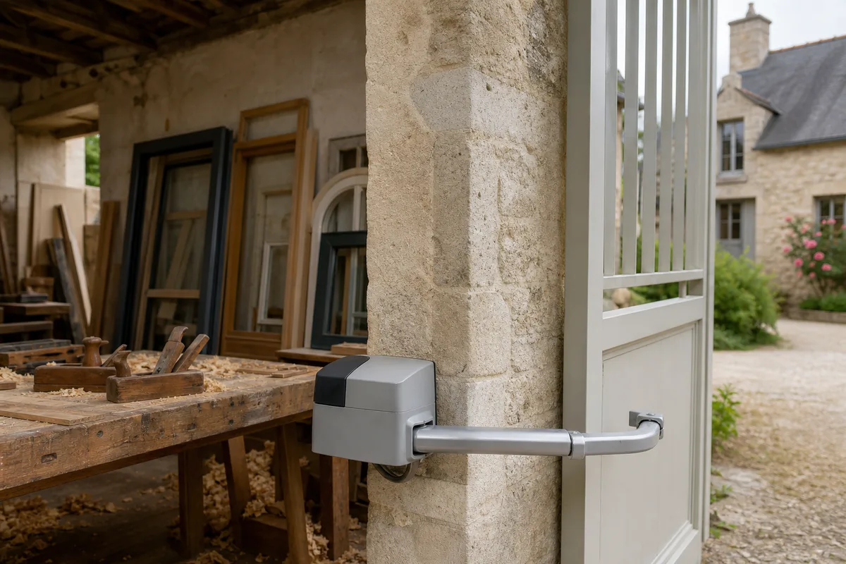 Moteur à bras articulé installé sur un pilier maçonné, relié à un vantail de portail