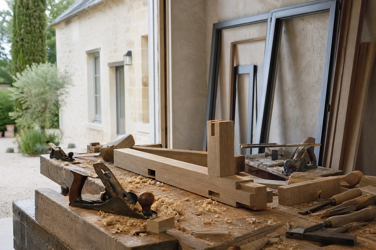 Établi de menuisier avec outils à main et pièces de bois en cours d&rsquo;assemblage