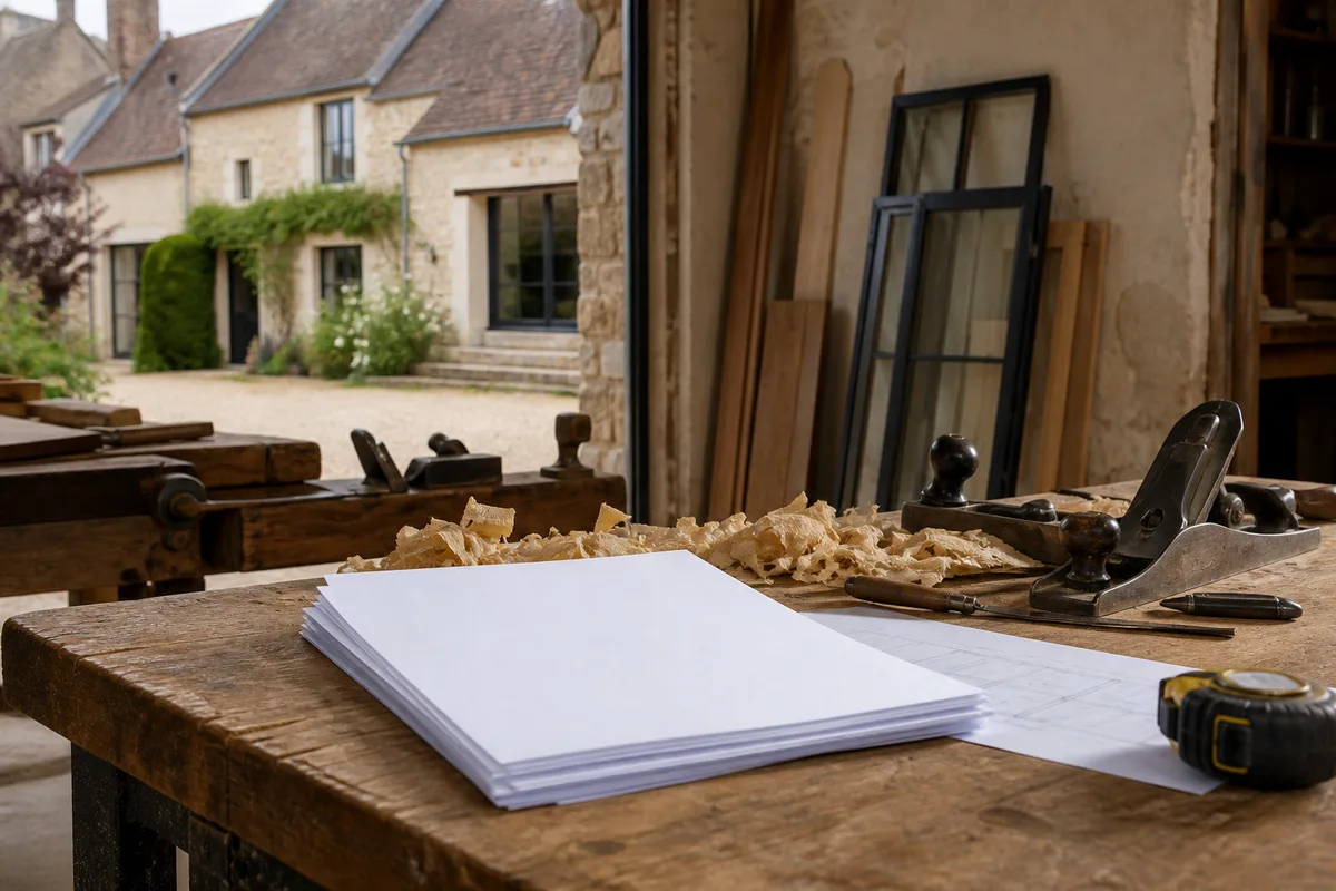 Devis de travaux posé sur une table avec un mètre ruban et un plan de menuiserie
