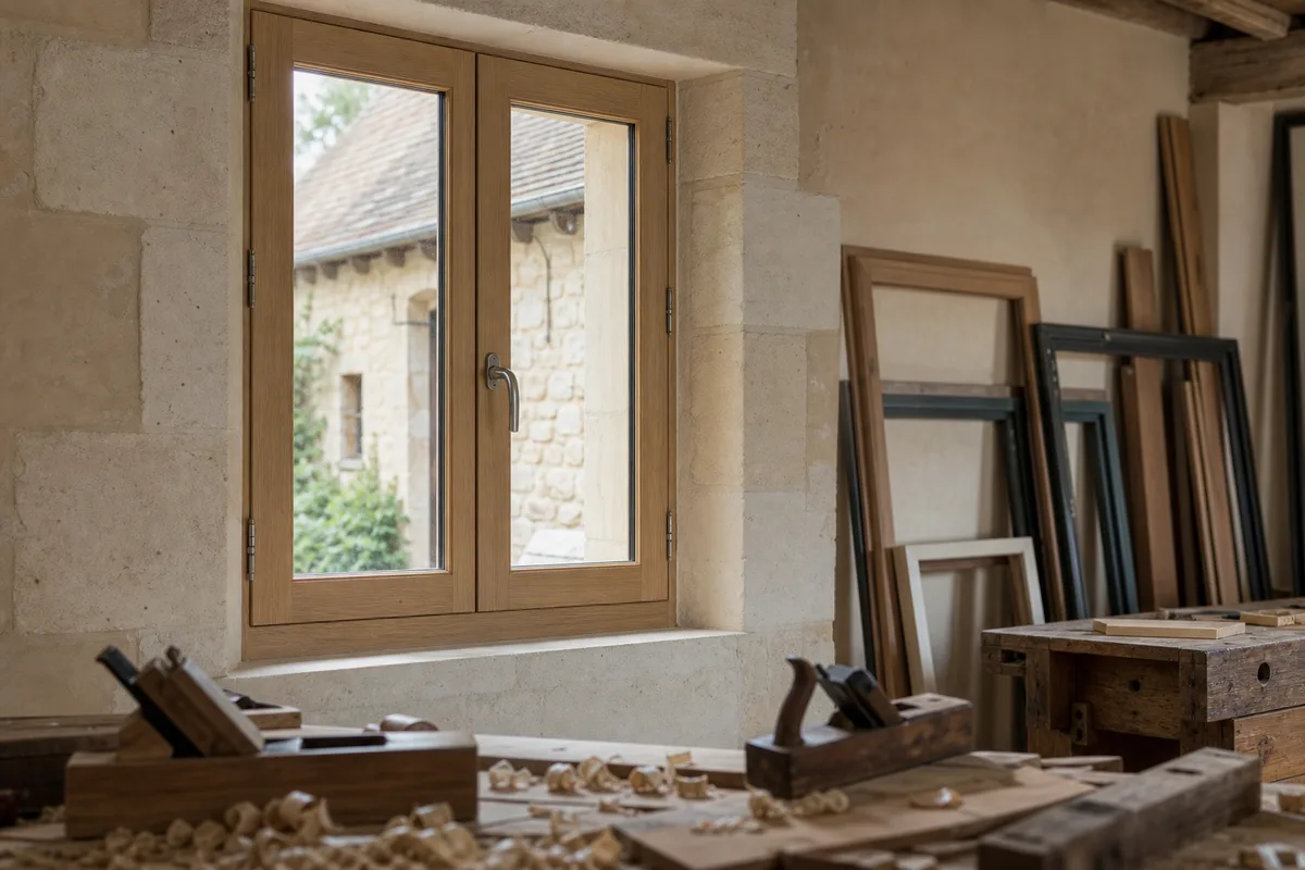 Fenêtre à deux vantaux en bois clair posée dans un mur de tuffeau, vue depuis l’intérieur d’une maison sarthoise