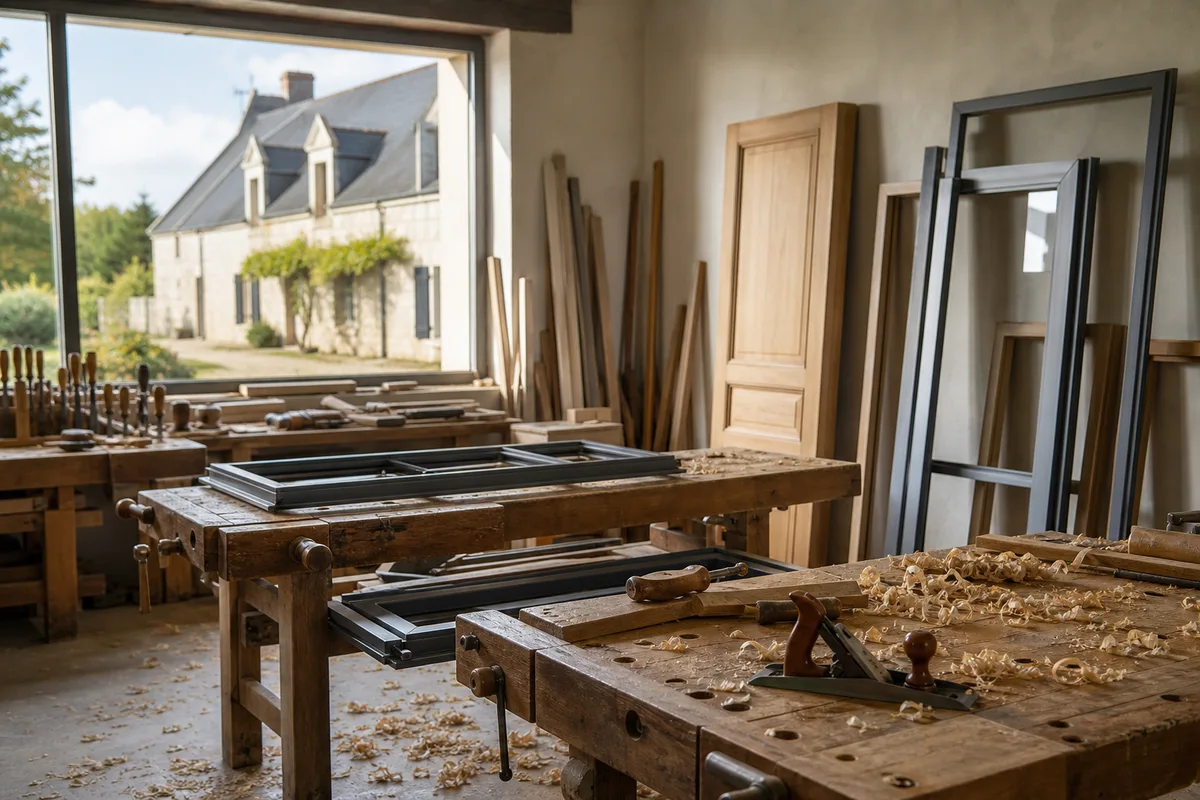 Atelier de menuiserie lumineux avec planches de bois empilées, serre-joints et fenêtre en cours d’assemblage