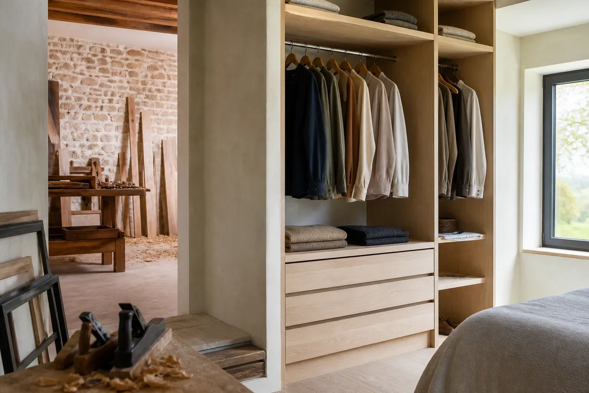Dressing ouvert avec penderies, étagères et tiroirs en panneau clair, dans une chambre lumineuse