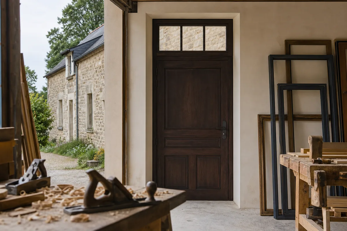 Porte d’entrée en bois foncé avec imposte vitrée, encadrée par un mur enduit clair