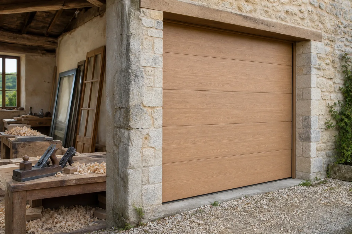 Porte de garage sectionnelle en bois clair à panneaux horizontaux, vue depuis l&rsquo;allée d&rsquo;une maison individuelle
