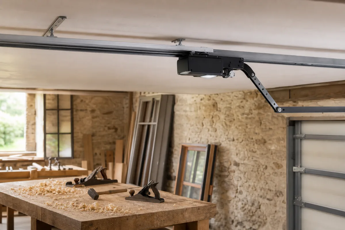 Rail de motorisation fixé au plafond d&rsquo;un garage, avec chariot d&rsquo;entraînement et bras articulé