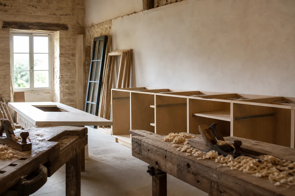 Cuisine en cours de rénovation, caissons alignés le long d&rsquo;un mur et plan de travail en attente de pose
